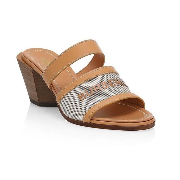 NIB BURBERRY HONOUR BROWN SAND TAN LEATHER LOGO SLIDE SANDALS MULE PUMPS 37 $690 - Picture 1 of 12